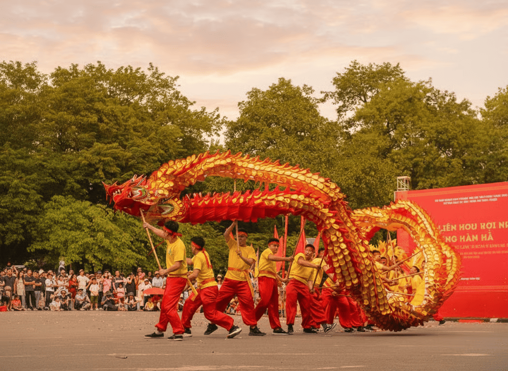 Traditional Dragon Dance uses long multi-segment dragons that undulate to drum rhythms